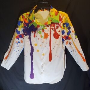 SHEIN White Button-Down Shirt with Multicolor Paint-Splash Print